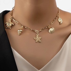 Gold Charm Necklace for Women Boho Shell Starfish Pendant Necklace Conch Shell Necklace Turtle Mermaid Necklace Beach Charm Necklace Summer Jewelry for Women (Gold)