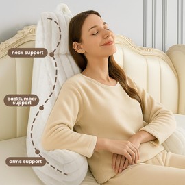 Amélie Home Faux Fur Reading Pillow with Pocket for Sitting in Bed, Adult Backrest Bed Pillow with Washable Cover for Lounging, Study & Relaxing, Ivory 29.5 inches