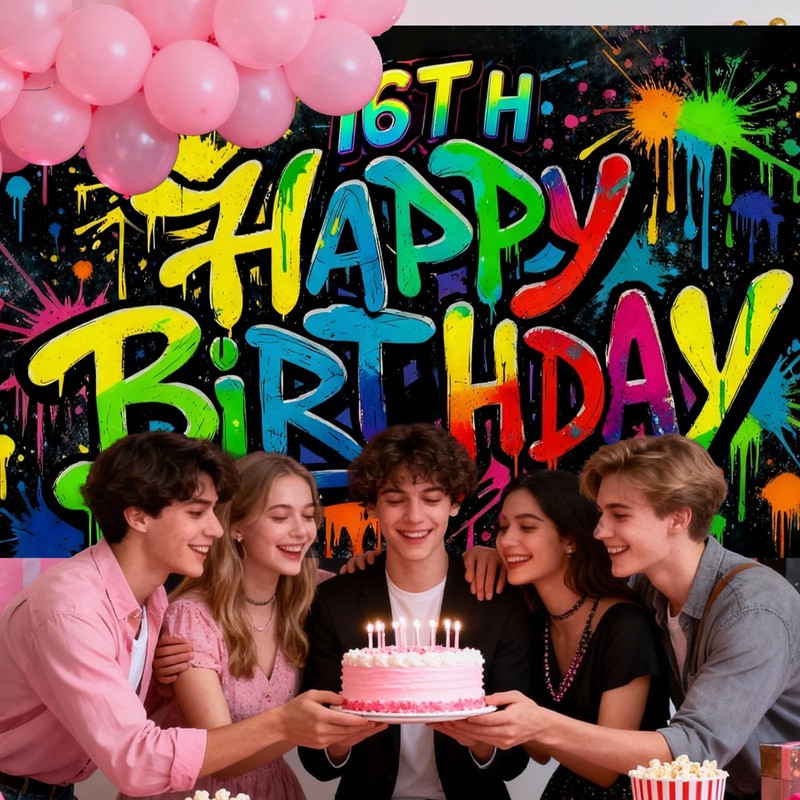 16th Birthday Banner Polyester Graffiti Backdrop Decor 71"x43