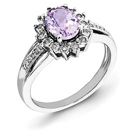Sterling Silver Rhodium Diam. & Oval Pink Quartz Ring