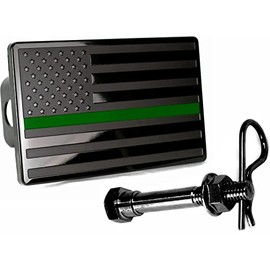 5"x3" American Black Flag Metal Hitch Cover (Fits 2" Receiver, Black with Green Line)