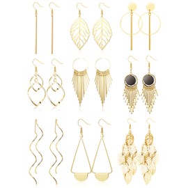 JeweBella 9 Pairs Drop Dangle Earrings Set for Women Girls Hypoallergenic Stainless Steel Earrings Boho Vintage Silver/Gold Wave Leaf Tassel Drop Earrings Set Long Bar Earrings Fashion Jewellery