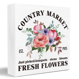 Spring Signs, Fresh Flowers Sign, Flower Bar Sign, Spring Decorations for Home Office Desk Bookcase, Country Farmers Market Decor, Floral Farm Garden Cubicle Shelf Table Decor 5 x 5 Inch