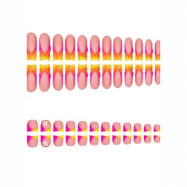 48Pcs Gradient Orange Pink French Tips Press on Toenails Water Ripple Press on Nails Long Square False Nails with Ombre Designs Fake Toe Nail Press Ons Glossy Summer Nails for Women Girls DIY Manicure