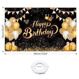 G2PLUS Birthday Banner, Black Gold Birthday Decoration Banner, Banner for Birthday, Birthday Decoration Banner for Man and Woman Birthday Party Decoration (185 x 115 cm)