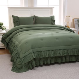 Olive Green Comforter Set Queen Boho Bedding Set Shabby Chic 2 Layers Ruffled Bedroom Home Decor Ultra Soft Microfiber Farmhouse Down Comforter Bohemian Quilt Set