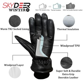 SKYDEER 100% Full Grain Deerskin Leather Winter Gloves for Men and Women, Warm TR2 Socked Lining for Cold Weather Work, Thermal Insulated Gloves for Truck Driving (SD8684T/S)