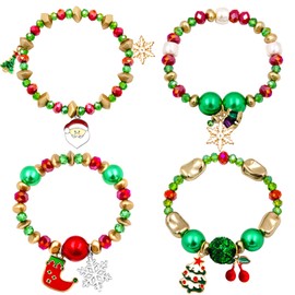 Nanafast Christmas Bracelet Set Santa Claus Snowflake Christmas Tree Beaded Stretch Bracelet for Women Thanksgiving Xmas Party Gifts 4 PCS NEW