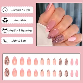 Almond False Nails Short, 24Pcs French Pink Glossy Press on Nails Acrylic Full Cover Fake Nails, Reusable Stick on Nails with Spider Web Designs for Women and Girls