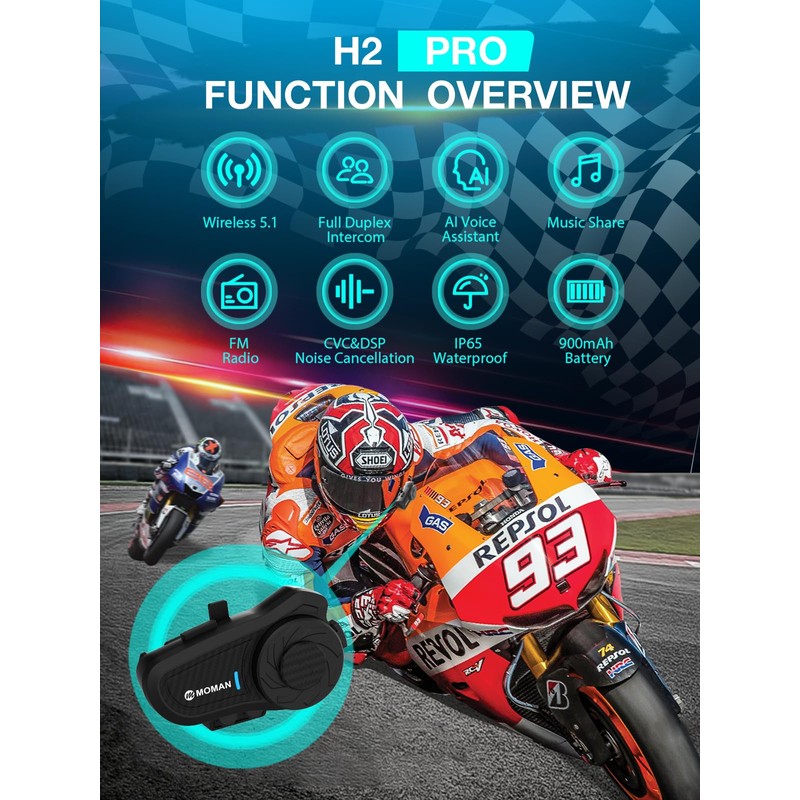 Moman Motorcycle Intercom, H2 Pro【2 Pack Carbon】 Helmet Headset Wireless