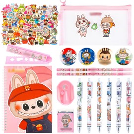 Cute Stationary Set, Kawaii School Supplies with Notebook Pencil Case Stickers Ruler Gel Pens Pencils Eraser Sharpener Badges Sticky Note, Back to School Gift for Girls Boys Kids Students(Pink)