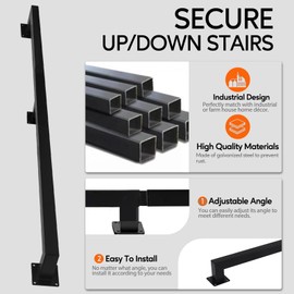 RECTOO 7FT Square Stair Railing Indoor, Black Wall Mount Handrail for Staircase, 440lbs Load Capacity Non-Slip Metal Handrail, Heavy-Duty Carbon Steel Grab Bar for Steps and Porch