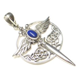 Silver Sword Archangel Michael Pendant with Lapis Stone Protection Symbol, Sterling Silver, Lapis Lazuli