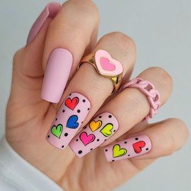 Valentine's Day Press on Nails Medium Length Square Fake Nails Colorful Cartoon Heart with Design Matte Pink Acrylic Glue on Nails Full Cover Stick on Nails Artificial Nails for Women Manicure 24Pcs