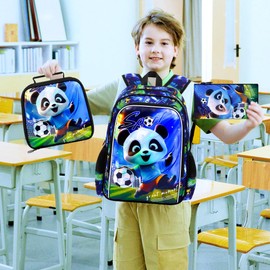 TXHVO 16" Panda Soccer Backpack Set for Boys 4-8, 3Pcs Kindergarten School Bag with Football Lunch Box, Lightweight Bookbag (Blue)