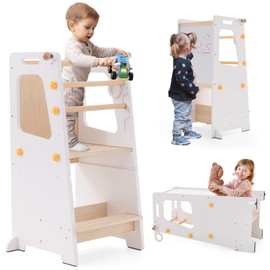 Gewitt Toddler Standing Tower, Toddler Step Stool with White Board&Convertible Table and Chair, Toddler Kitchen Stool Height Adjustable with Safety Rail, Helper Tower for Kids Cooking