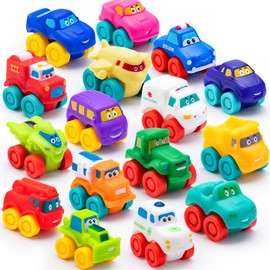 JOYIN 18 Pcs Cartoon Cars, Soft Rubber Toy Car Set, Mini Toy Vehicles, Bath Toy Car for Toddlers, Gift for Boys and Girls Christmas Birthday, Summer Beach and Pool Activity, Party Favors for Kids