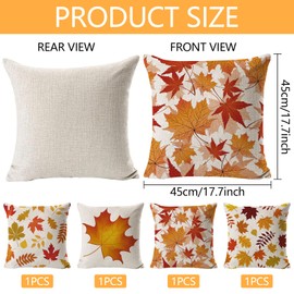 Pack of 4 Decorative Sofa Cushion Covers, Rustic Square, Cushion Cover 45 x 45 cm, Linen with Zip, Yellow Maple Leaf Decorative Cushion Cover, High-Quality Couch Cushion for Country House Living Room