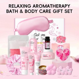 LAIKOU Sakura Bath Gift Set, 16 Pcs Luxury Unique Self Care Package, Mothers Day Christmas Birthday Body Gifts for Her Friend Sister Mum Wife, Hydrating, Floral Scented, Pamper Gift Set for Women