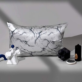 THXSILK Mulberry Silk Pillowcase with Tencel Underside for Hair and Skin, 1 Pcs Luxury 19 Momme Mulberry Silk Pillow Cases with Hidden Zipper Closure, Twin, Marble-Grey