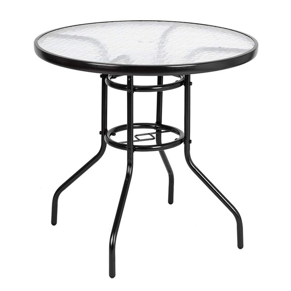 VINGLI Round Patio Table with Umbrella Hole, 32" Outdoor Dining Table Steel Tempered Glass Patio Table Round Outdoor Table for Balcony Garden Deck