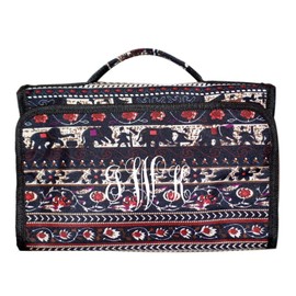Hanging Toiletry Cosmetic Organizer Bag - Roll up for Storage Travel - Custom Embroidery Available (Elephant Tapestry - Embroidered Monogram)