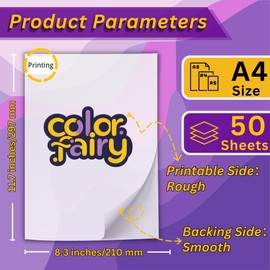 Colorfairy DTF Transfer Film 8.3" x 11.7”, 50 Sheets A4 Double-Sided Matte PET Heat Transfer Paper, Universal for All T-Shirts & Dark Fabrics, Vibrant Colors, Easy Peel Hot/Cold