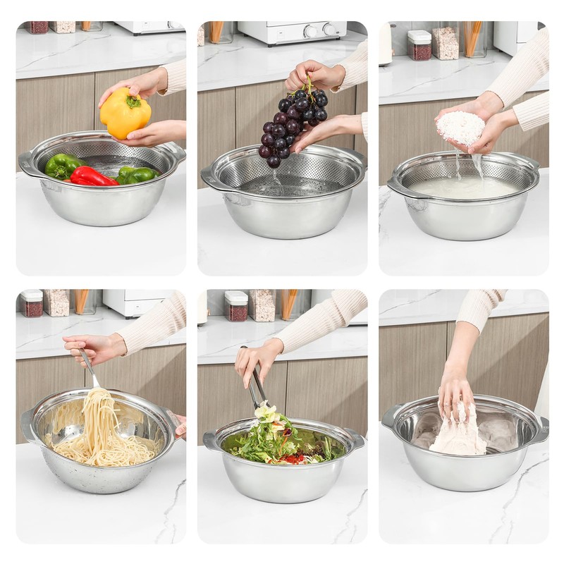 304 Stainless Steel Microporous Colander with Handle, Rice Washers Microporous