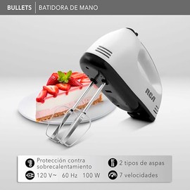 RCA Batidora de Mano RC-093 con 7 Velocidades, Motor de 100 W, Accesorios de Acero Inoxidable, Diseño Compacto, Portátil y Ligero, Ideal para Repostería, Mezclar Masa y Preparación de Alimentos.