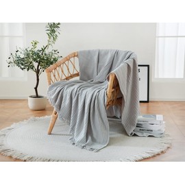 Coastline 100% Cotton Waffle Weave Blanket Throw with Fringe,Pre-Washed Soft Cozy,Lightweight Breathable Blanket Throw for Couch Bed Sofa（Silver,150x200cm）