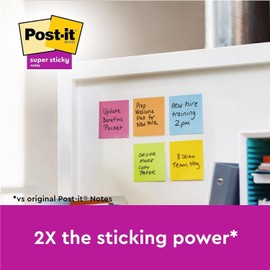 Post-it Super Sticky Notes, Assorted Colours, 4 Pads, 47.6 mm x 47.6 mm, 45 Sheets per Pad, Green, Orange, Pink, Yellow - Extra Sticky Notes for Walls, Monitors and Fridge