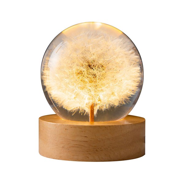 QENETY Flower Crystal Ball Night Light, 2.4 Inch Epoxy Resin Crystal Night Lamp with Wooden Base, Removable Crystal Ball, Bedroom Table Lamp Atmosphere Decorative (Dandelion)