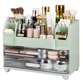 Countertop Makeup Organizer with Drawer Large Vanity Organizer Skin Care Storage Cosmetic Display Cases Perfume Organizer for Brush, Lipsitck, Palettes, Green