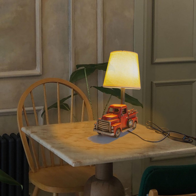 YCHTEWY-Unique Rustic Red Vintage Truck USB Table Lamp with Burlap