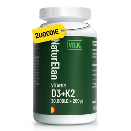 NaturElan Vitamin d3 k2 kapseln hochdosiert - 20000I.E. + Vitamin K2 MK7 200 mcg pro Dosis, 180 Vegetarisch kapseln, Ohne Zusätze, In Deutschland Produziert