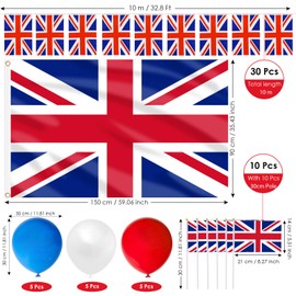 AhfuLife Union Jack Flags Set for VJ Day 80th Anniversary, 1pcs 5*3ft Union Jack Flag, 30pcs British Bunting, 10pcs Britain Handheld Flags and 15pcs Balloons for 80 Years Victory In Japan Decoration