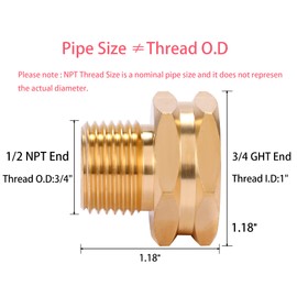 2 Pack Brass Garden Hose Adapter, 3/4" GHT Female x 1/2" NPT Male Connector,GHT to NPT Adapter Brass Fitting,Brass Garden Hose to Pipe Fittings Connect