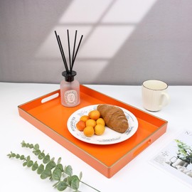 Spsyrine Orange Decorative Serving Tray with Handles, Elegant Plastic Coffee Table Tray for Ottoman, Living Room, Home Decor 15.6" X 10.2"