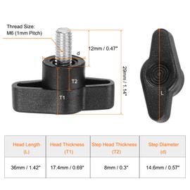 QUARKZMAN Pack of 10 Wing Buttons M6 x 12 mm Male Thread Plastic T-pins Knobs T Thread Handles Hand Clamp Tightening Thumb Screws Thumb Screw, Black