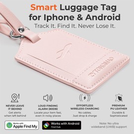 Smart Luggage Tag with Built-in Tracker, Works with Apple Find My & Android, Premium Leather Travel Tag with Privacy Cover, Wireless Rechargeable Anti-Lost Locator for Suitcases, Bag & Backpack Pink