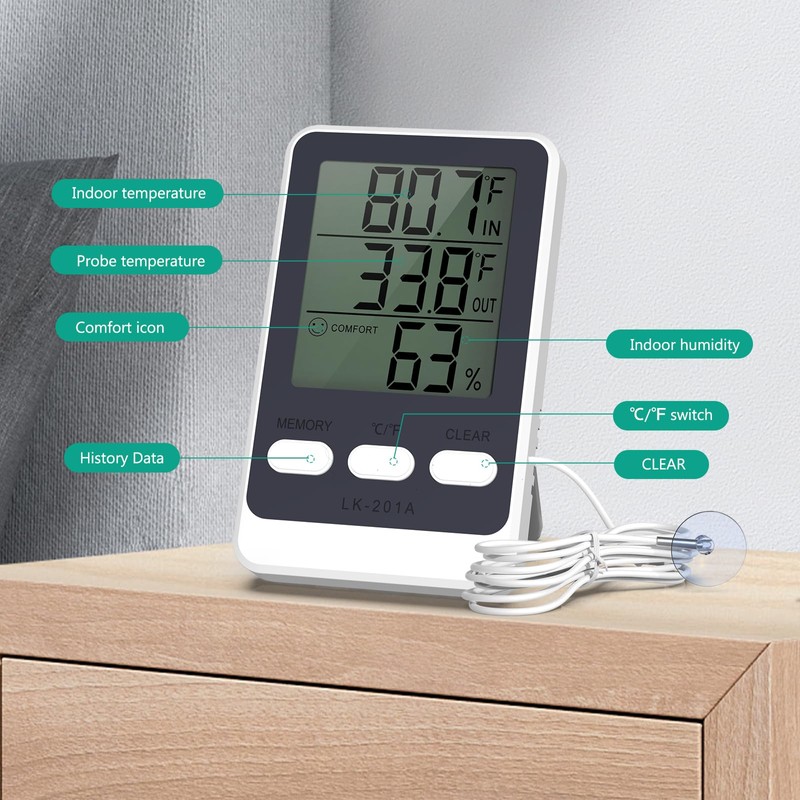 ORIA Refrigerator Thermometer, Digital LCD Thermometer with Waterproof Probe, Min/Max