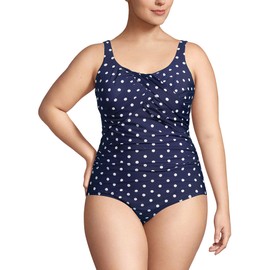 Lands' End Womens Slender Carmela Underwire One Piece Swimsuit Deep Sea Polka Dot Long Torso Plus 18w