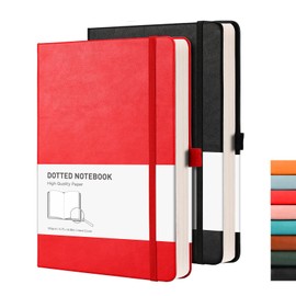 RETTACY A5 Dotted Notebook 2 Pack - Bullet Dot Grid Journal with 320 Numbered Pages Hardcover 120gsm Thick Paper, 8 Perforated Sheets, Pen Holder, Inner Pocket 14.5 x 21cm - Black Red