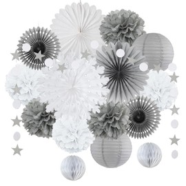 Christmas Paper Fan Decorations Grey and White Paper Snowflake Fans Paper Pom Poms Paper Lanterns with Paper Star Garland for Christmas Xmas Winter New Year Party Decorations