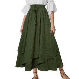 Women Renaissance Double Layered Skirt Elastic Waist Skirt with Pockets Olive Green XXL
