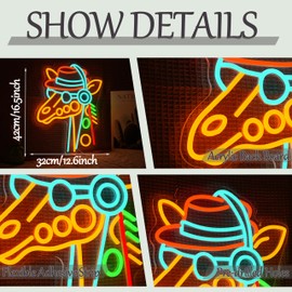 Giraffe Headset Neon Sign for Wall Decor Special Cowboy Hat Neon Light Colorful Animal Led Light Sign Dimmable Headset Light Up Sign for Bedroom Game Room Bar Club Zoo Party