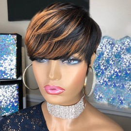 SAEIALL Short Pixie Cut Wig for Women Human Hair 1B33 Pixie Wig for Black Women Glueless Full Machine Made Wigs Easy to Wear Throw On and Go Wigs (Black with Brown)