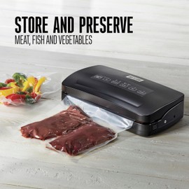 Weston Brands Vacuum Sealer Machine for Food Preservation & Sous Vide, Seals Bags up to 11” Wide, 110 Watts, 22.5” HG Strength, Includes Roll Storage and Starter Pack, Black (65-3001-W)