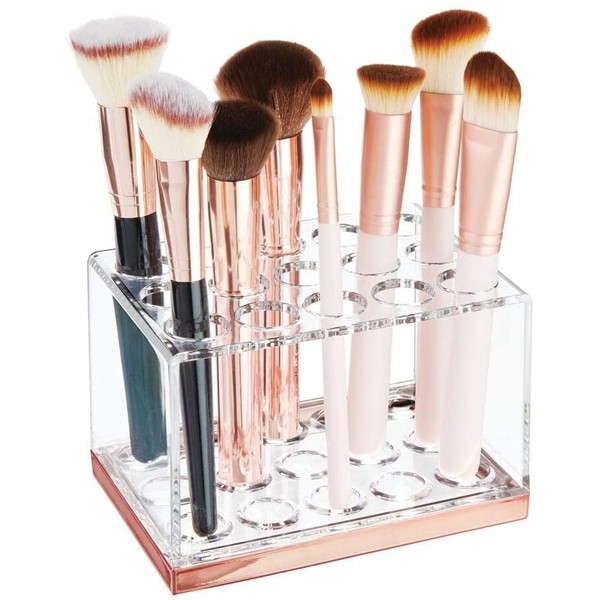 mDesign Plastic Makeup Brush Storage Organizer with 15 Slots for Bathroom Countertop, Vanity to Hold Eye/Lip Pencils, Lip Gloss, Liners, Lipstick - Clear/Rose Gold
