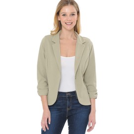 MINEFREE Women's 3/4 Sleeve Lightweight Casual Work Knit Blazer Jacket Solid Green L
